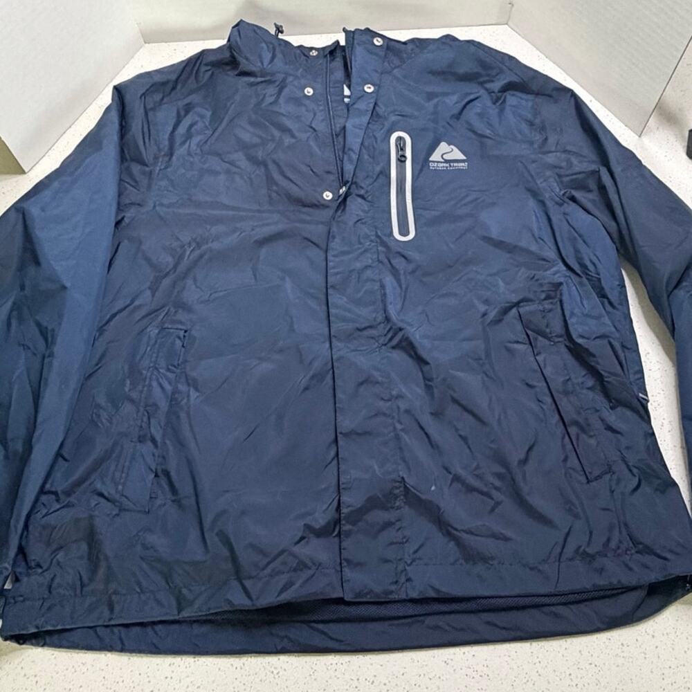 Navy blue Ozark Trail men's hooded rain jacket zip breast pocket Size M/L